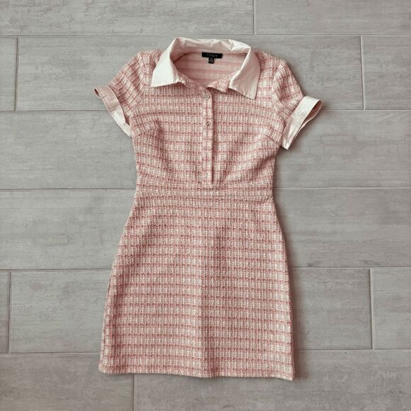 City Studios Mini Dress Tweed Preppy Collared Bouclé  Shift Pink White Academia - Picture 1 of 6